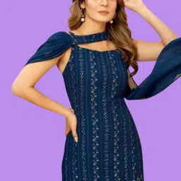 PARROT CREATION Embroidered Straight Sequinned Kurti With Sharara And Dupatta image 4