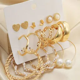 Celestique Set Of 9 Gold-Plated Artificial Stones Studded Circular Shaped Studs-6