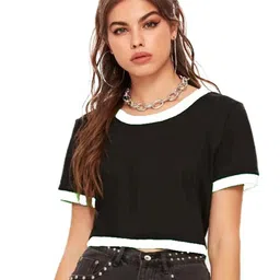 BASE 41 Women Monochrome Slim Fit Crop Cotton T-shirt-image-93