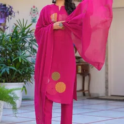 KALINI Women Geometric Embroidered Cotton Kurta with Trousers & Dupatta-image-79