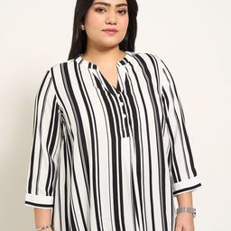 Honey Curvytude by Pantaloons Plus Size Striped Mandarin Collar Roll-Up Sleeves Top-image-54