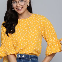 Mast & Harbour Floral Print Bell Sleeves Crepe Top-image-54