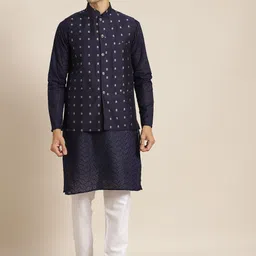 SOJANYA Men Navy Blue Chikankari Pure Cotton Kurta with Churidar & Nehru Jacket-45