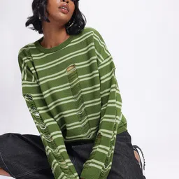 glitchez Frayed Bae Striped Drop-Shoulder Pullover-image-15