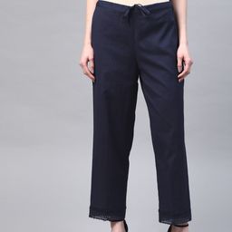 Laado - Pamper Yourself Women Navy Blue Hem Design Cotton Handloom Straight Palazzos-24