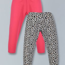 Plum Tree Pack Of 2 Solid & Leopard Printed Leggings - Black Pink-image-6