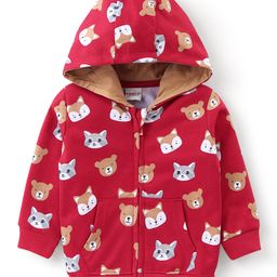 Babyhug Cotton Knit Full Sleeves Sweatjacket With Zipper & Hood Animals Print - Red-image-6