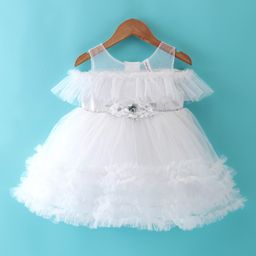 Babyhug Sleeveless Mesh Party Frock with Floral Applique - White-picture-3