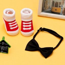 Yellow Bee Checked Design Socks With Bow Tie - Black Red & White-image-1