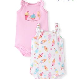 Babyoye Eco Conscious Cotton Knit Sleeveless Onesies Ice Cream Print with Bow Applique Pack of 2 - Pink & White-image-55