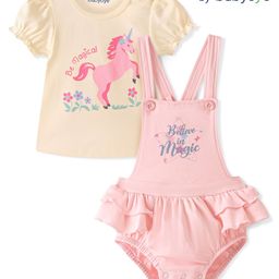 Babyoye Eco Conscious 100% Cotton with Eco Jiva Finish Dungaree & Half Sleeves Inner Tee Unicorn Print - Pink-image-95