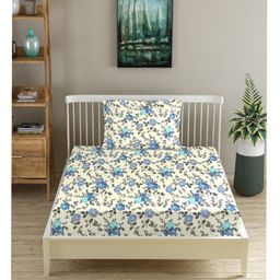 Trance Home Linen Floral Print 100% Cotton Single Fitted Bedsheet- Huvu Blue-image-97