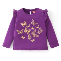 Babyhug Cotton Knit Full Sleeves Top with Butterfly Print & Frill Detailing - Purple-image-33