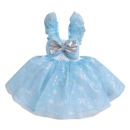 TINY MINY MEE Elastane Sleeveless Bow Applique & Foil Snowflakes Printed Shimmered Dress - Blue-image-65