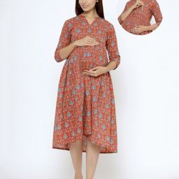 CRAFIQA Three Fourth Sleeves Floral Motif  Printed Maternity Dress With Concealed Zipper Nursing Access - Red & Blue-image-32