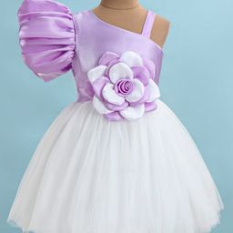 Bluebell Satin Woven One Shoulder Half Sleeves Party Frock With Floral Applique - Lilac-image-40