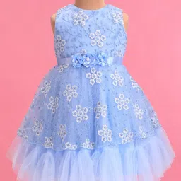 Babyhug Woven Sleeveless Fit & Flare Party Frock with Floral Embroidery & Applique- Aqua Blue-picture-47