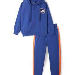Honeyhap Premium 100% Cotton Knit Full Sleeves HoodedFront Open Winter Wear Sweatshirt & Lounge Pant Set with Bio Finish & Text Print - Lapis Blue Papaya & Bright White-image-47