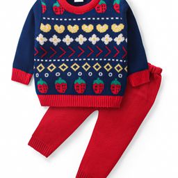 Babyhug Knitted Full Sleeves Sweater Set with Strawberries & Floral Design - Navy Blue & Red-image-53