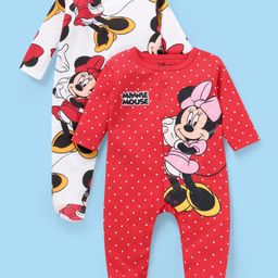 Babyhug Disney Cotton Knit Full Sleeves Sleep Suits With Minnie Mouse Graphics Pack Of 2 - Red & White-image-73