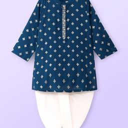Babyhug Woven Full Sleeves Mandarin Collar Foil Printed Kurta Dhoti Set - Navy Blue-image-30