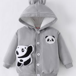 Kookie Kids Full Sleeves Hooded Sweatjacket With Panda Patch & 3D Applique - Light Grey-image-51