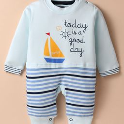 Mini Taurus Interlock Knit Full Sleeves Rompers with Text Print - Light Blue-19
