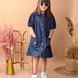 Superminis Denim Half Sleeves Honey Bee Embroidered With Pockets Dress - Blue-image-98