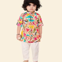 ETHNIKS NEURON Cotton Full Sleeves Abstract Printed Kurta With Solid Pyjama Set - Multi Color-picture-14