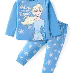 Babyhug Disney Single Jersey Knit Full Sleeves Night Suit with Frozen Graphics - Light Blue-image-44