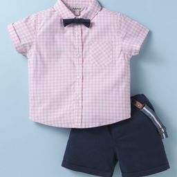 ToffyHouse 100% Woven Cotton Half Sleeves Checks Shirt & Shorts Set With Suspender & Bow - Navy Blue & Pink-image-52