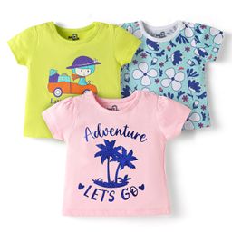 Doodle Poodle 100% Knit Half Sleeves T-Shirts with Tropical Theme Print Pack of 3 - Pink Light Green & Blue-image-91