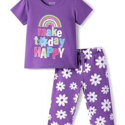 Honeyhap PremiumCotton Knit Half Sleeves Floral Printed Night Suit with Bio Finish - Deep Lavender-image-47