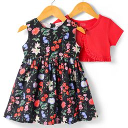 Babyhug Cotton Woven Half Sleeves Solid Color Shrug & Floral Printed Frock - Black & Red-image-89