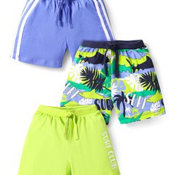 Babyhug Cotton Knit Shorts with Tropical Print Pack of 3 - Limegreen & Purple-image-71