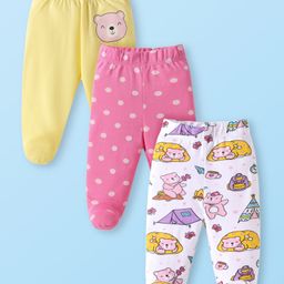 Babyhug Interlock Knit Bootie Leggings with Polka Dots & Bear Print Pack of 3 - Yellow White & Pink-image-15
