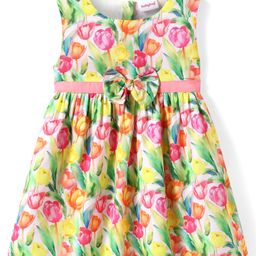 Babyhug Woven Sleeveless Frock with Floral Print & Bow Applique - Light Green & Pink-image-26