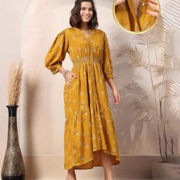 Zelena 100% Rayon Three Fourth Sleeves Bird Printed Maternity Zipless Feeding Dress With Nursing Access - Mustard-image-14