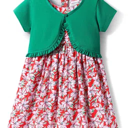 Babyhug Cotton Woven Floral Printed Frock with Half Sleeves Shrug - Red & Green-picture-21
