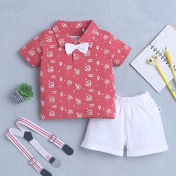 BUMZEE Cotton Half Sleeves Attached Bow Detailed Boats Printed Polo Tee With Shorts & Suspender Set - Red & White-image-92