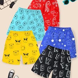 KUCHIPOO Cotton Blend Pack Of 5 Baby Animals & Alphabets Printed Shorts - Blue Black Yellow Navy Blue & Red-image-49