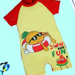 Kiddopanti Half Raglan Sleeves Sun And Fun Text Printed Swimsuit - Red-image-97