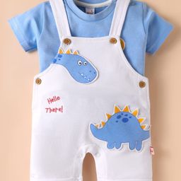 WOW Clothes Interlock Knit Half Sleeves T-Shirt & Dungaree Set with Dino Print - Blue & White-image-76