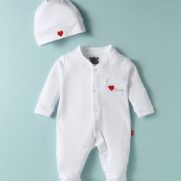 Mini Taurus Interlock Knit Full Sleeves Footed Romper with I Love Daddy Embroider & Cap - White & Red-image-89