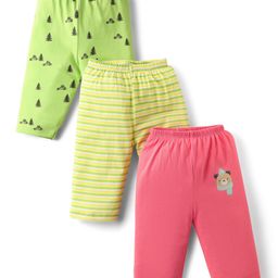 OHMS Single Jersey Knit Full Length Lounge Pant With Stripe & Tree Print Pack Of 3 - Pink Light Green & Yellow-image-46