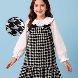 Arias Woven Textured Houndstooth Dress With Full Sleeves Inner Shirt With Peter Pan Collar - Black & White-image-89