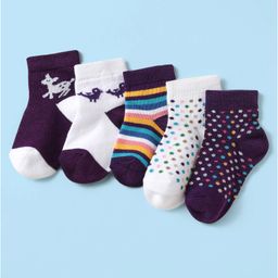 Cute Walk by Babyhug Knit Antibacterial Ankle Length Socks With Polka Dots & Animal Design Pack Of 5 - Multicolour-image-8