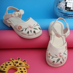 TRUFFLE COLLECTION Floral Embroidered & Pearld Embellished With Velcro Closure Sandals - Beige-picture-18