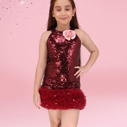 Cutecumber Knit Sleeveless Sequins Embellished & Ruffle Detailed Shift Dress - Maroon-image-23