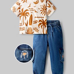 OLLINGTON ST. Cotton Oversized Half Sleeves Beach Theme Printed T-Shirt & Denim Joggers Set - White & Blue-picture-9